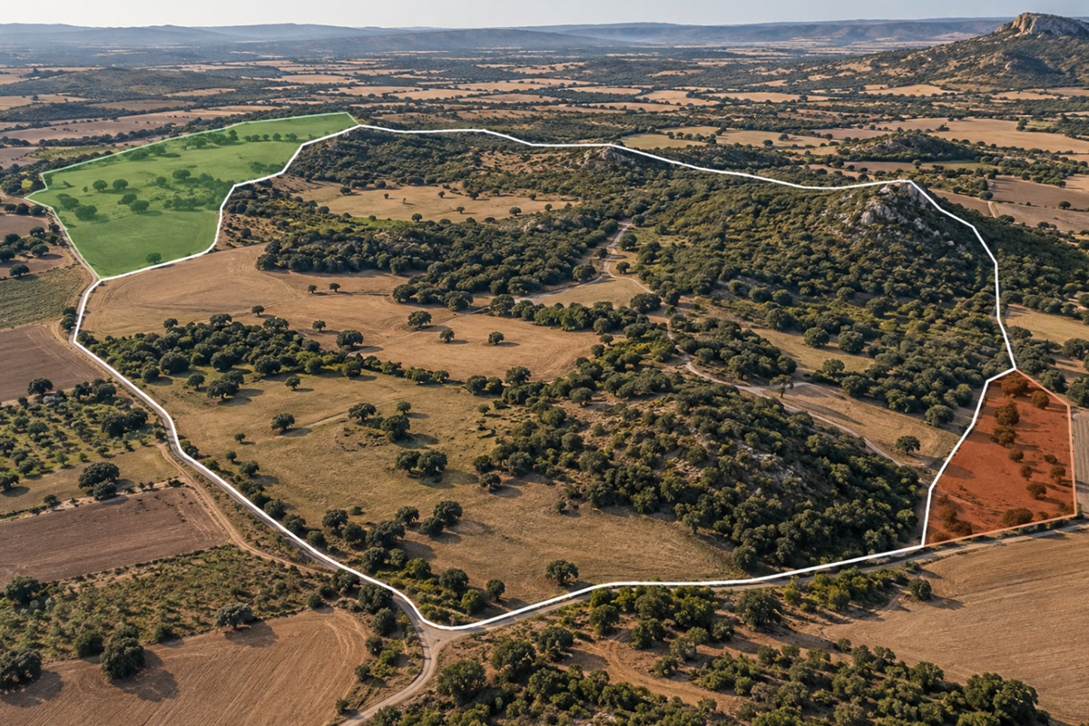 Vista aérea de un coto de caza con parcelas destinadas a su ampliación y reducción